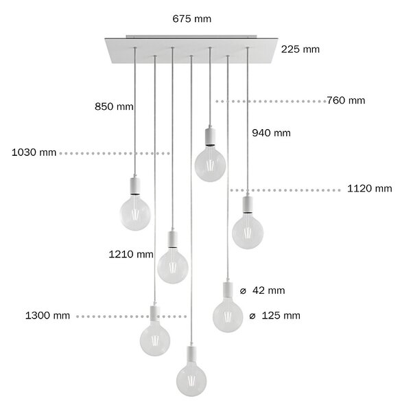 Creative cables Závěsná lampa se 7 světly, s obdélníkovým XXL baldachýnem Rose-one, textilním kabelem a kovovými komponenty Barva: Matný černý dibond