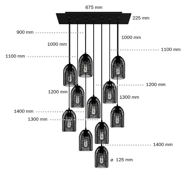 Creative cables Závěsná lampa s 11 světly, s obdélníkovým XXL baldachýnem Rose-one, textilním kabelem a kovovými stínidly Ghostbell Barva: Matný černý dibond