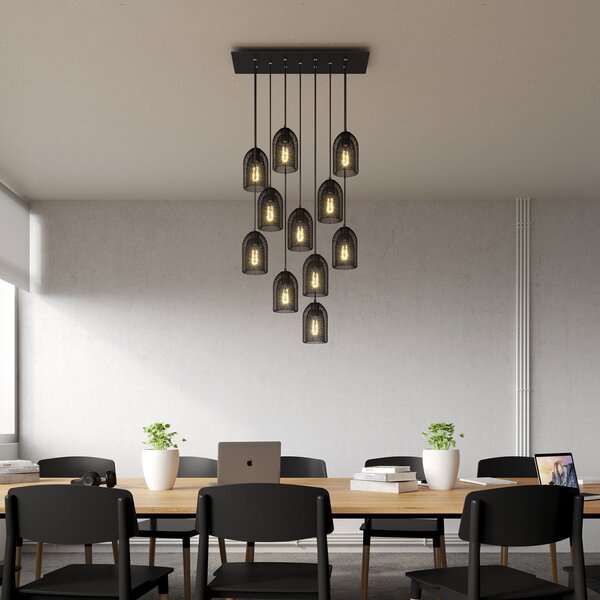 Creative cables Závěsná lampa s 11 světly, s obdélníkovým XXL baldachýnem Rose-one, textilním kabelem a kovovými stínidly Ghostbell Barva: Matný černý dibond
