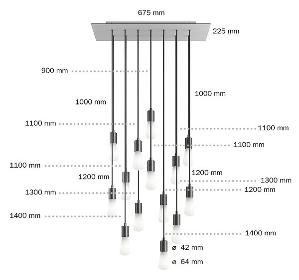 Creative cables Závěsná lampa se 14 světly, s obdélníkovým XXL baldachýnem Rose-one, textilním kabelem a kovovými komponenty Barva: Hladký ocelový dibond
