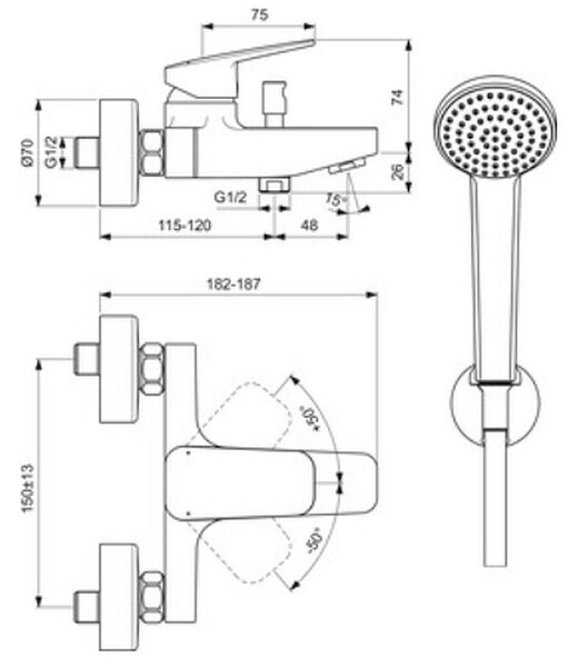 Ideal Standard Ceraplan vanová baterie na stěnu s termostatem chrom BD258AA