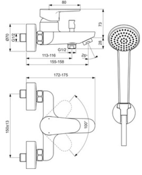 Ideal Standard Cerafine vanová baterie na stěnu chrom BC706AA