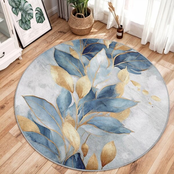 Pratelný kulatý koberec v modré a zlaté barvě ø 80 cm Golden Leaves – Mila Home
