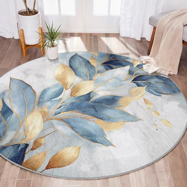 Pratelný kulatý koberec v modré a zlaté barvě ø 80 cm Golden Leaves – Mila Home