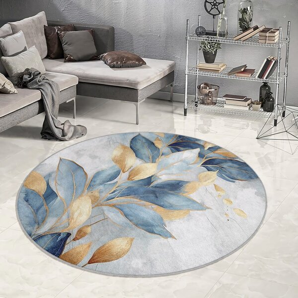 Pratelný kulatý koberec v modré a zlaté barvě ø 80 cm Golden Leaves – Mila Home