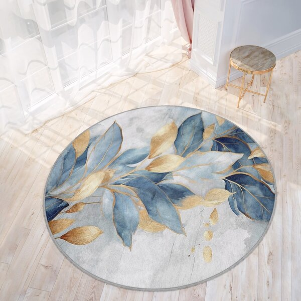 Pratelný kulatý koberec v modré a zlaté barvě ø 80 cm Golden Leaves – Mila Home