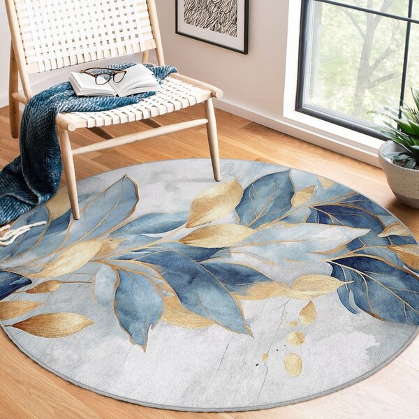 Pratelný kulatý koberec v modré a zlaté barvě ø 80 cm Golden Leaves – Mila Home