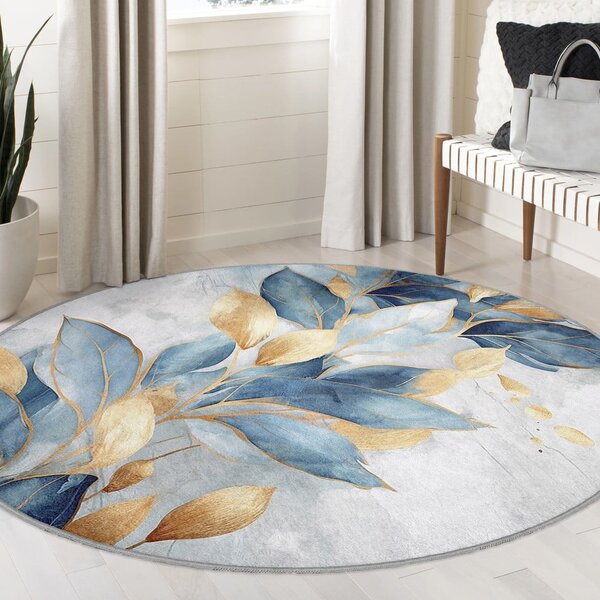 Pratelný kulatý koberec v modré a zlaté barvě ø 80 cm Golden Leaves – Mila Home