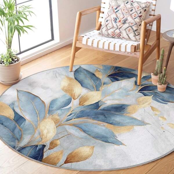 Pratelný kulatý koberec v modré a zlaté barvě ø 80 cm Golden Leaves – Mila Home