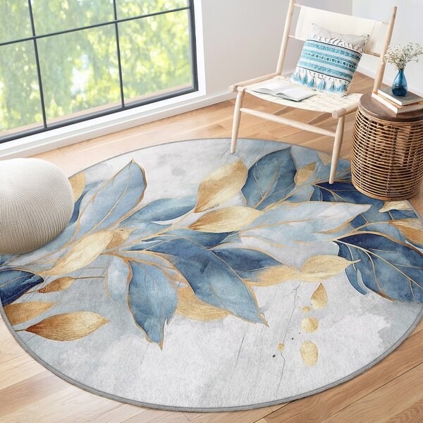 Pratelný kulatý koberec v modré a zlaté barvě ø 80 cm Golden Leaves – Mila Home