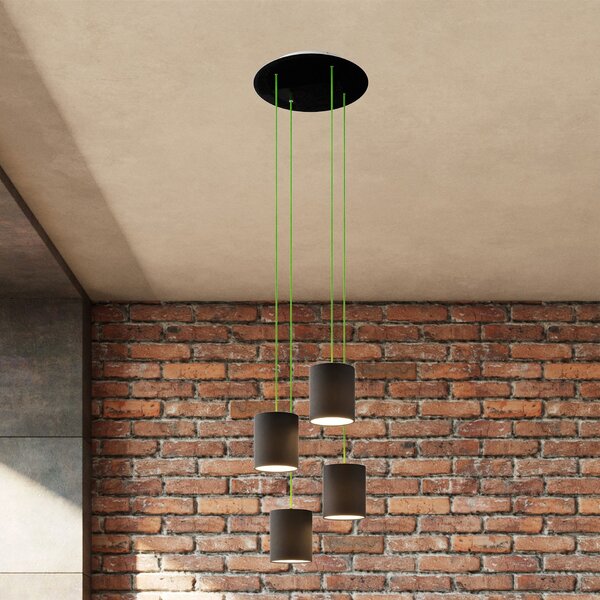 Creative cables Závěsná lampa se 4 světly, s kulatým XXL baldachýnem Rose-one, textilním kabelem a válcovými plátěnými stínidly Barva: Černá, Montáž: Sestavený