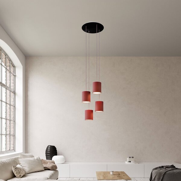 Creative cables Závěsná lampa se 4 světly, s kulatým XXL baldachýnem Rose-one, textilním kabelem a válcovými plátěnými stínidly Barva: Černá, Montáž: Sestavený