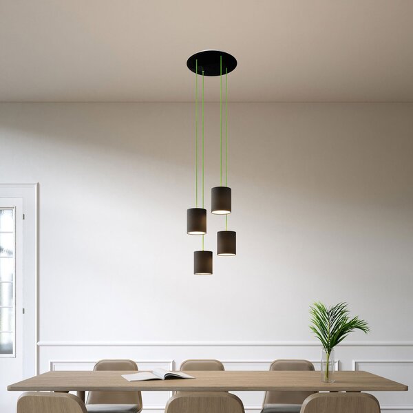 Creative cables Závěsná lampa se 4 světly, s kulatým XXL baldachýnem Rose-one, textilním kabelem a válcovými plátěnými stínidly Barva: Černá, Montáž: Sestavený