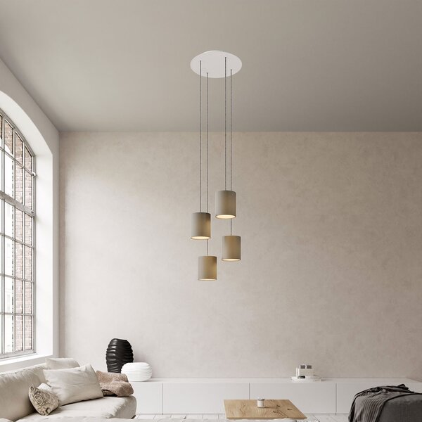 Creative cables Závěsná lampa se 4 světly, s kulatým XXL baldachýnem Rose-one, textilním kabelem a válcovými plátěnými stínidly Barva: Černá, Montáž: Sestavený