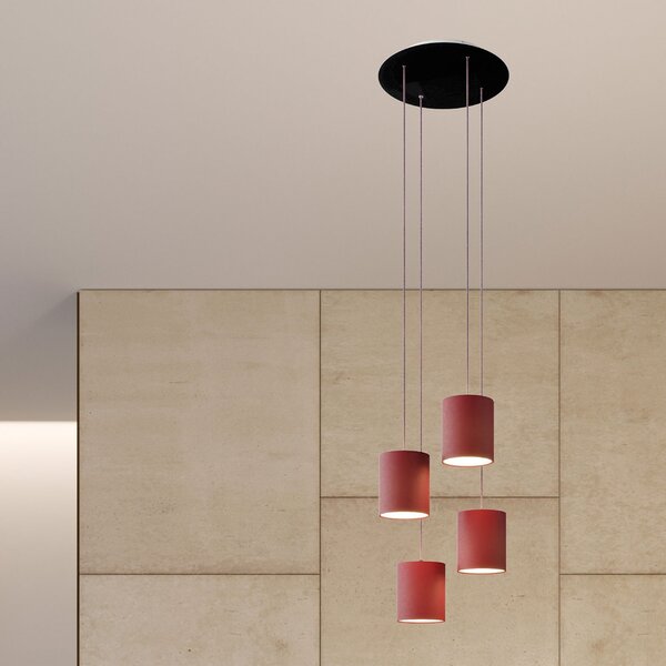 Creative cables Závěsná lampa se 4 světly, s kulatým XXL baldachýnem Rose-one, textilním kabelem a válcovými plátěnými stínidly Barva: Černá, Montáž: Sestavený