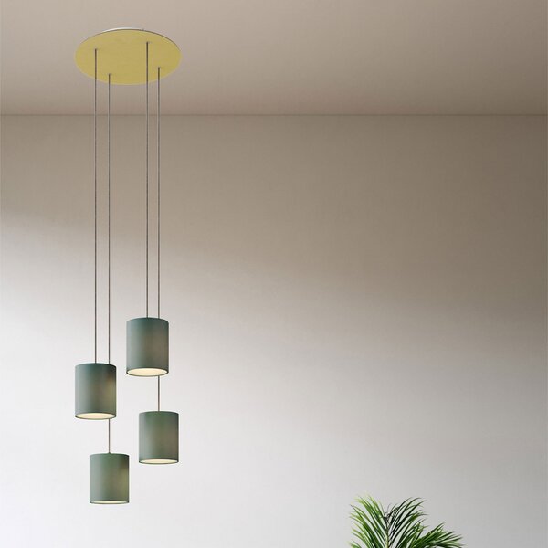 Creative cables Závěsná lampa se 4 světly, s kulatým XXL baldachýnem Rose-one, textilním kabelem a válcovými plátěnými stínidly Barva: Černá, Montáž: Sestavený