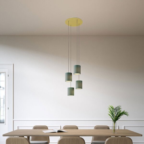 Creative cables Závěsná lampa se 4 světly, s kulatým XXL baldachýnem Rose-one, textilním kabelem a válcovými plátěnými stínidly Barva: Černá, Montáž: Sestavený
