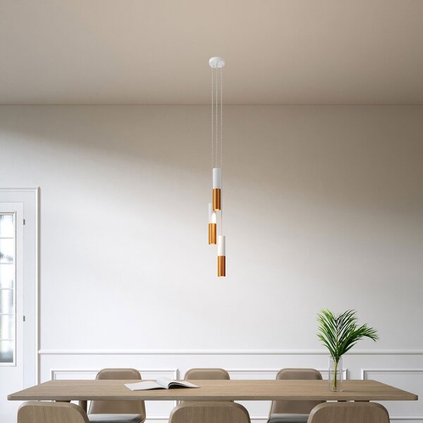 Creative cables Závěsná lampa se 3 světly, textilním kabelem a dvojitým kovovým stínidlem Tub-E14 Barva: Matná bílá-matná měď, Montáž: Sestavený