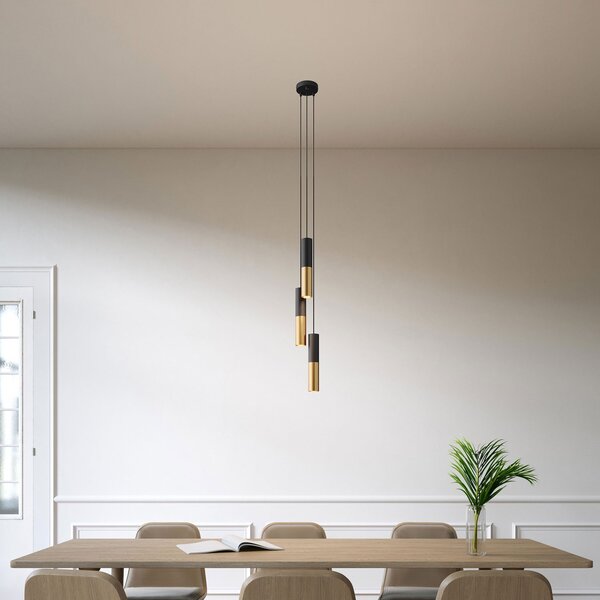 Creative cables Závěsná lampa se 3 světly, textilním kabelem a dvojitým kovovým stínidlem Tub-E14 Barva: Matná bílá-matná měď, Montáž: Sestavený