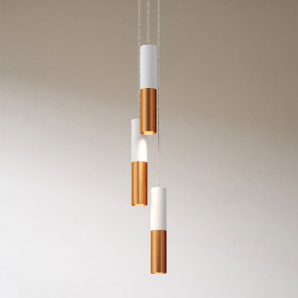 Creative cables Závěsná lampa se 3 světly, textilním kabelem a dvojitým kovovým stínidlem Tub-E14 Barva: Matná bílá-matná měď, Montáž: Sestavený