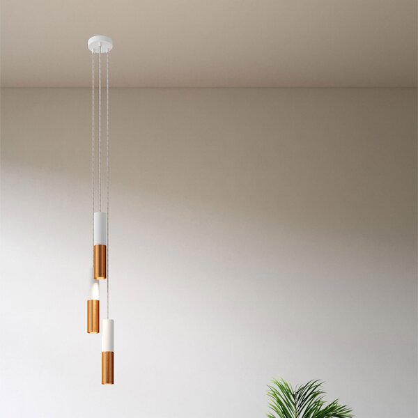Creative cables Závěsná lampa se 3 světly, textilním kabelem a dvojitým kovovým stínidlem Tub-E14 Barva: Matná bílá-matná měď, Montáž: Sestavený