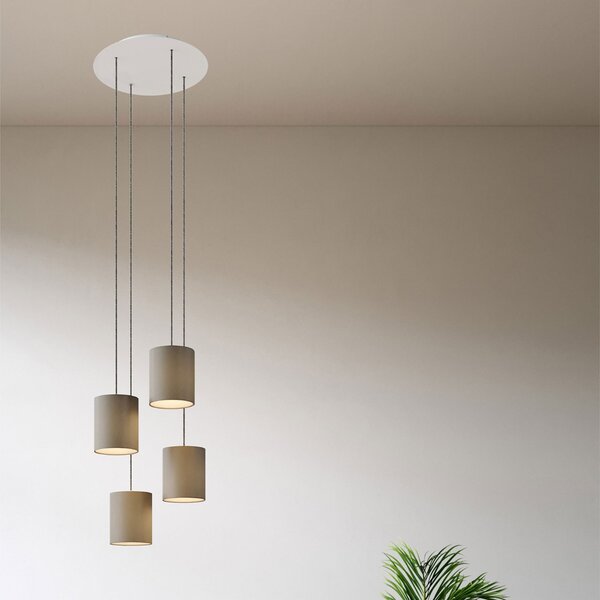 Creative cables Závěsná lampa se 4 světly, s kulatým XXL baldachýnem Rose-one, textilním kabelem a válcovými plátěnými stínidly Barva: Černá, Montáž: Sestavený