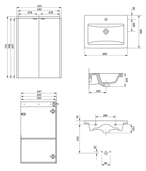 Cersanit Ovida umyvadla se skříňkou 60 cm dub S4047-005