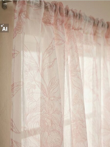 Sinsay - Poloprůhledná záclona s rostlinným motivem - růžová