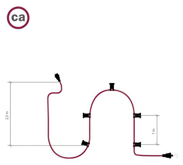 Creative cables Hotový světelný řetěz LUMET 7,5 m je sestavený z 5 černých objímek, háčku a zástrčky Barva kabelu: Růžová - CM16