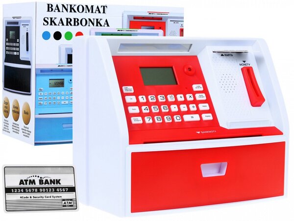 Pokladnička Ramiz bankomat červený plastový s kartou a PIN