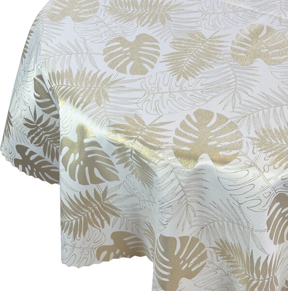 Kulatý ubrus odolný proti skvrnám Monstera listy bílý zlatý prům. 130 cm