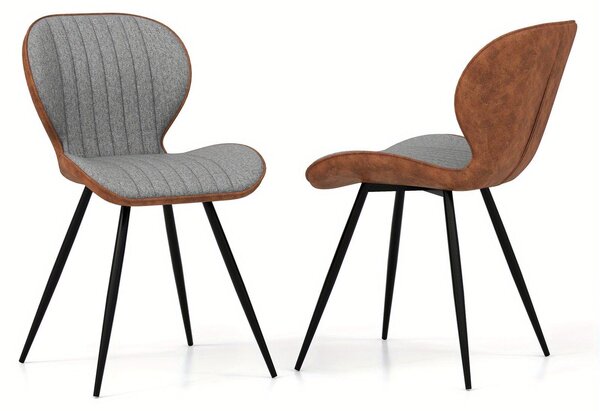 Sada dvou jídelních židlí s prohnutým opěradlem, sedákem ve tvaru písmene U a látkovým potahem, v moderním designu