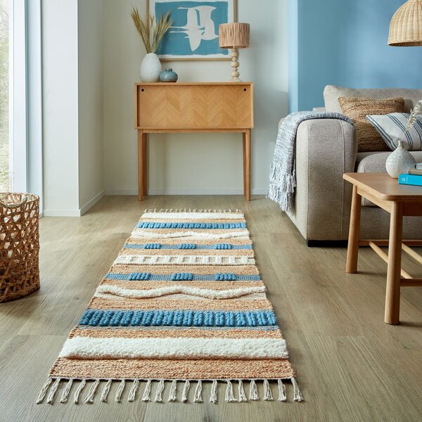 Ručně tkaný běhoun s příměsí juty v modro-přírodní barvě 60x230 cm Medina Jute – Flair Rugs