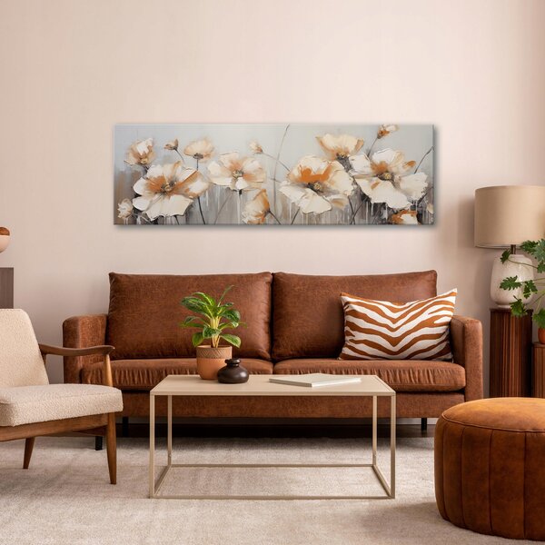 OBRAZ KVĚTINY BÉŽOVÝ MODERNÍ DO LOŽNICE OBÝVÁKU NA PLÁTNĚ NA ZEĎ 145x45
