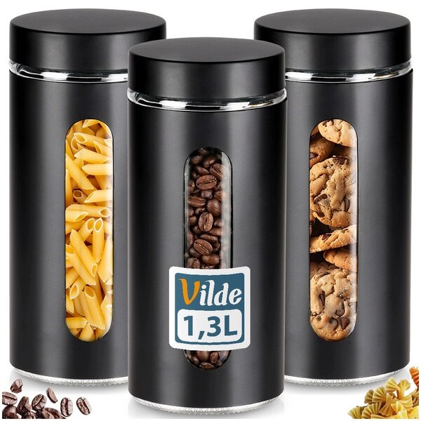 3x Skleněná dóza ČERNÁ kuchyňská na potraviny sypké produkty těsnící 1,3 l