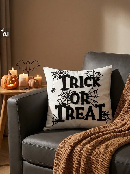 Sinsay - Halloweenský dekorativní povlak na polštář s nápisem a motivem pavučiny - bílá