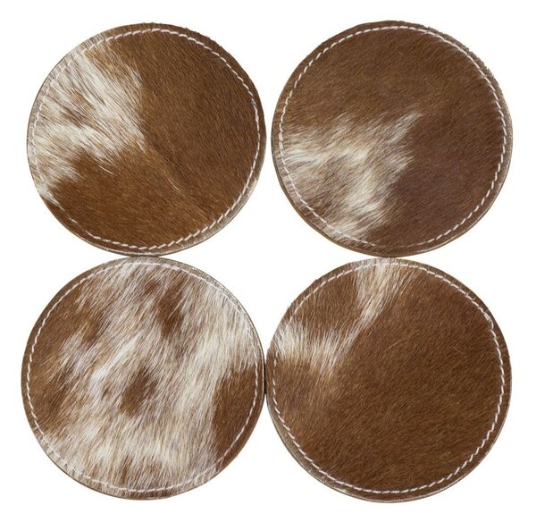 4ks hnědo bílých kulatých podtácků ve stojánku z hovězí kůže - 11*11*3cm/10*10*0,5cm - Mars & More