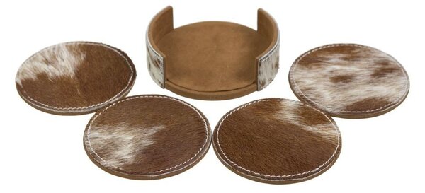 4ks hnědo bílých kulatých podtácků ve stojánku z hovězí kůže - 11*11*3cm/10*10*0,5cm - Mars & More