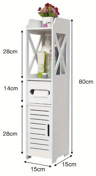 Skříňka do koupelny - Úložná skříň - Vysoká skříň - Úložný nábytek - Úzká skříň - Kompaktní design - PVC a tvrdé dřevo