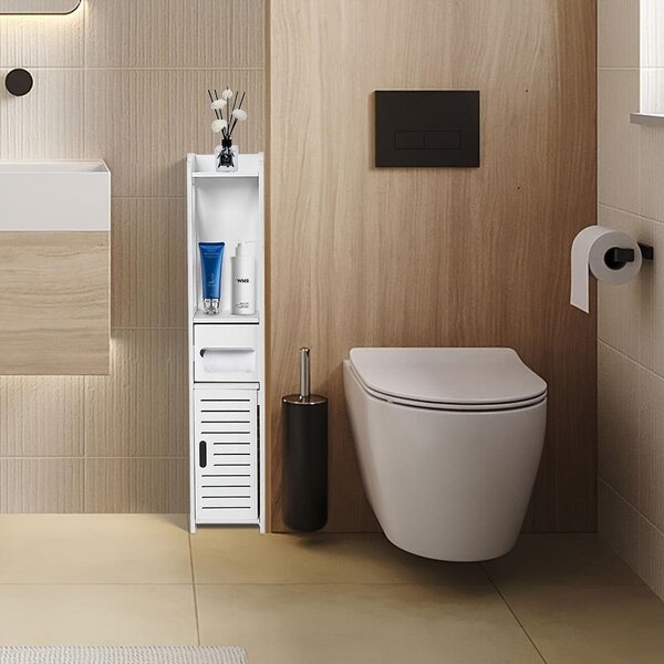 Skříňka do koupelny - Úložná skříň - Vysoká skříň - Úložný nábytek - Úzká skříň - Kompaktní design - PVC a tvrdé dřevo