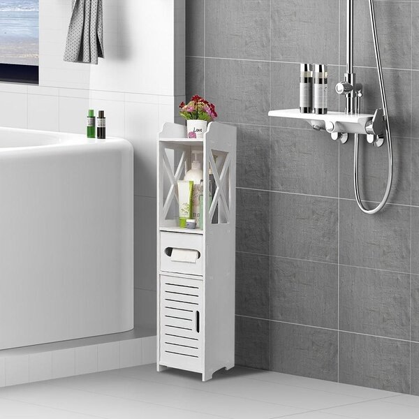 Skříňka do koupelny - Úložná skříň - Vysoká skříň - Úložný nábytek - Úzká skříň - Kompaktní design - PVC a tvrdé dřevo