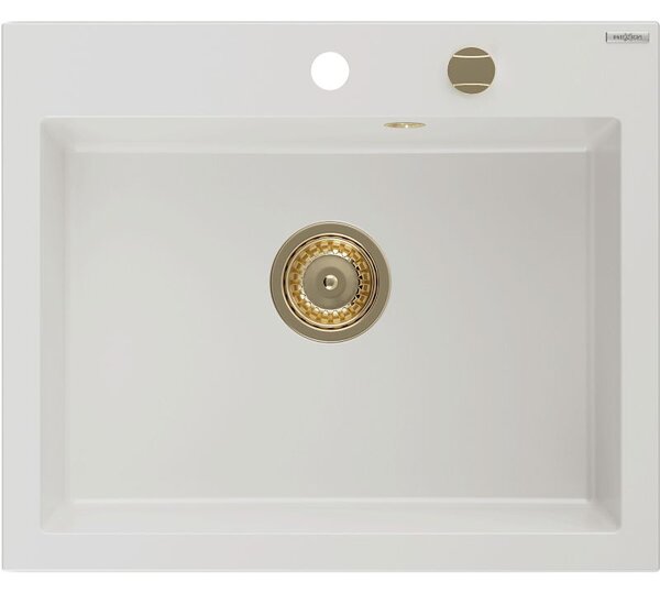 Mexen Elix granitový dřez 1-komorový 600 x 500 mm, bílý, zlatý sifon - 6525601005-20-G