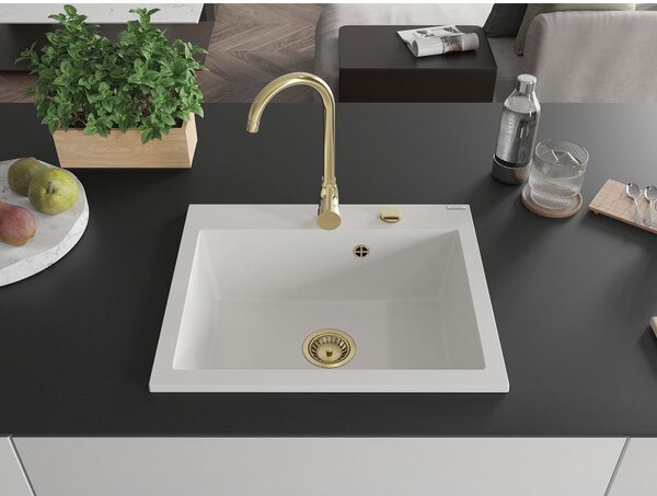 Mexen Elix granitový dřez 1-komorový 600 x 500 mm, bílý, zlatý sifon - 6525601005-20-G