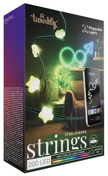 Twinkly Candies 200 RGB LED světelný řetěz hvězdy, USB-C, zelený, ovládání aplikací, 12 m
