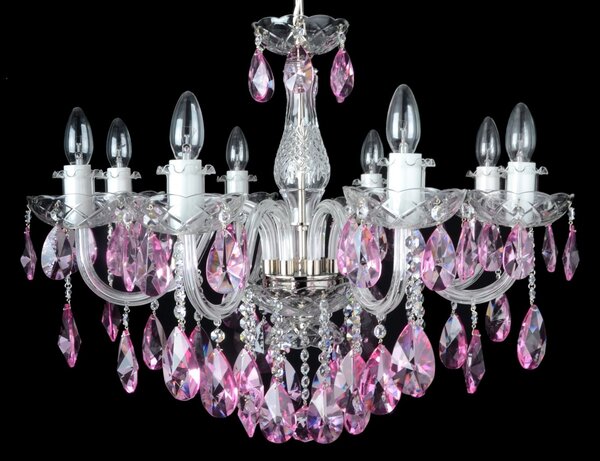 DBK GLASS 8 Arms Crystal chandelier with smooth glass arms & Cut violet fuchsia almonds 2040-8-NKmg