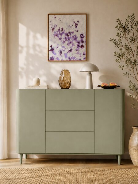 Komoda Elivo 150 cm se zásuvkami na nožičkách - eukalyptus / dub baltic dune