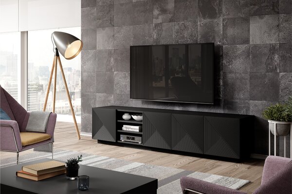 TV stolek Asha 200 cm s rýhovanými dvířky a výklenkem - černý mat