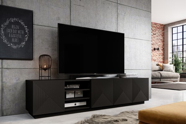TV stolek Asha 200 cm s rýhovanými dvířky a výklenkem - černý mat