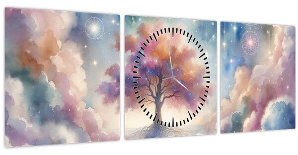 Obraz - Strom života v oblacích (s hodinami) (90x30 cm)