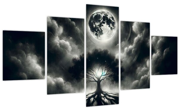Obraz - Černobílý strom v úplňku (125x70 cm)